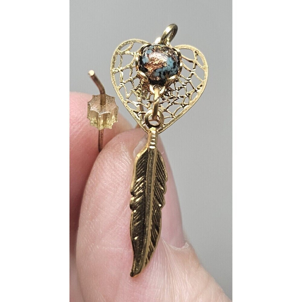 Vtg Dreamcatcher Heart 14k Gold Plated W Turquoise Rainbow Flake Dangle Earrings - Picture 7 of 8